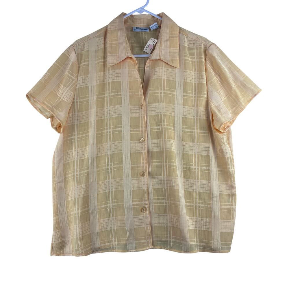Vtg Deadstock Joanna Short Sleeve Button Up Blouse Women's XL Yellow Satin Plaid